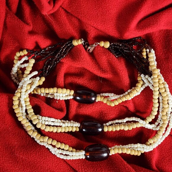 Express Wood Poly Brown Root Beer Tan Pearlescent White Bead 17" Choker Necklace - Picture 7 of 16